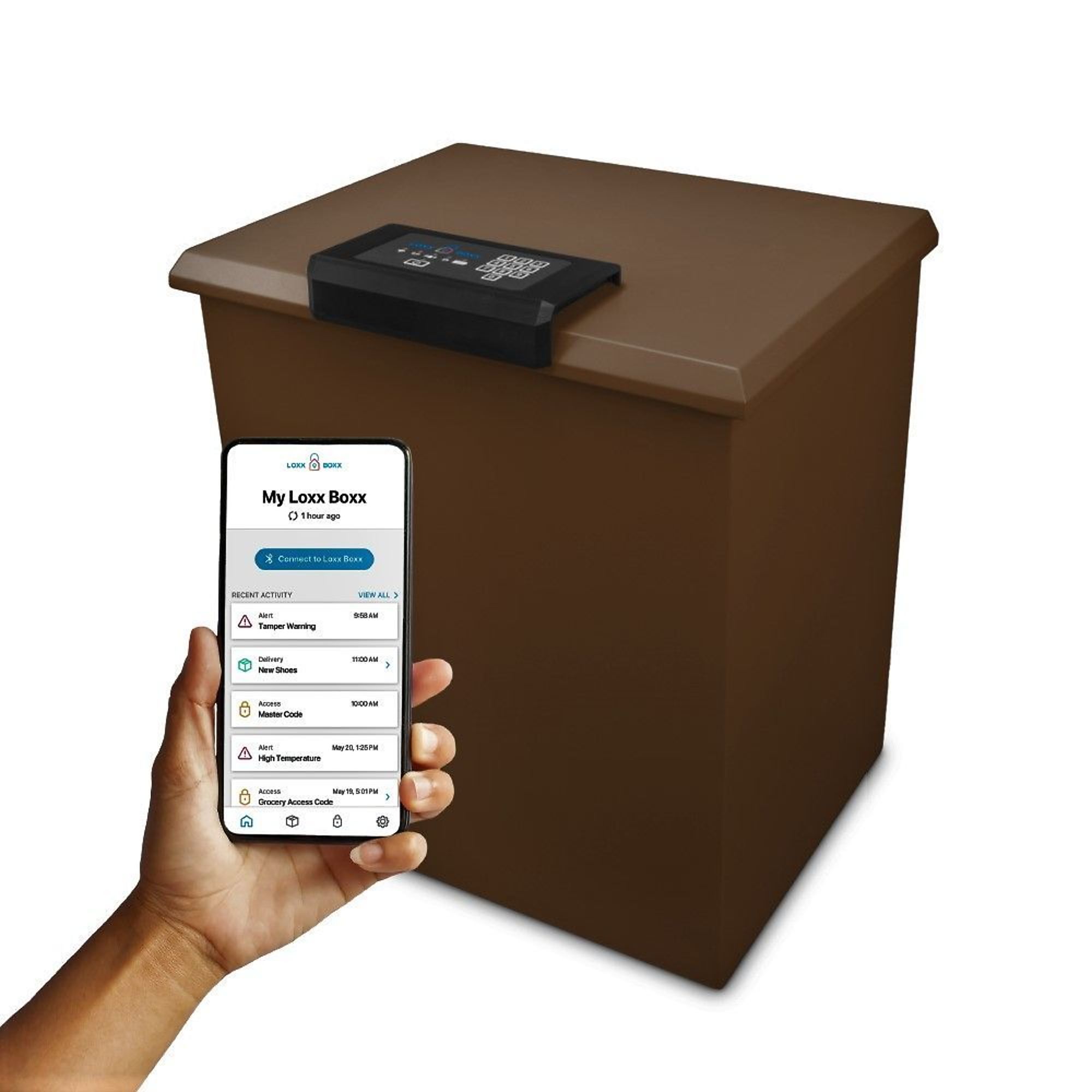 LOXX BOXX LLC, LTE Wi-Fi Smart Package Locker w/ Solar Charger, Height 24.5 in, Width 21.375 in, Color Brown, Model# LB2_MDBOX_NB_LTE_BDL